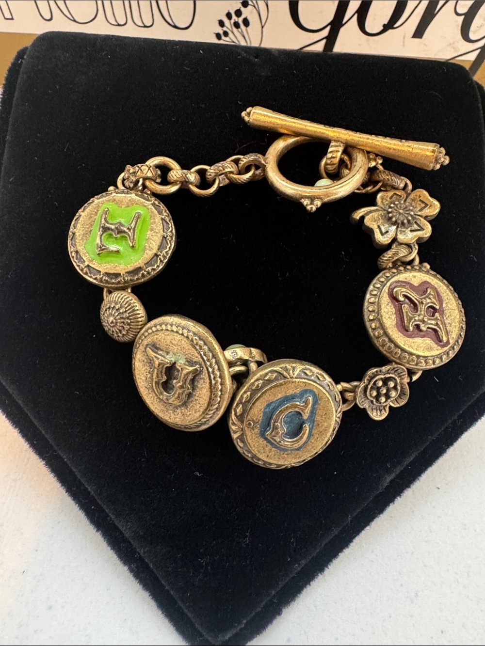 Vintage-Style Gold Tone Initial Charm Bracelet with Multicolor Enamel